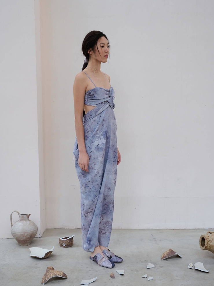 Blue Broken Porcelain Twilight Mountain Printed Textured Tulle Blue Hollow Out Dress