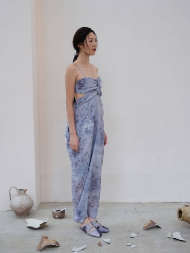 Blue Broken Porcelain Twilight Mountain Printed Textured Tulle Blue Hollow Out Dress