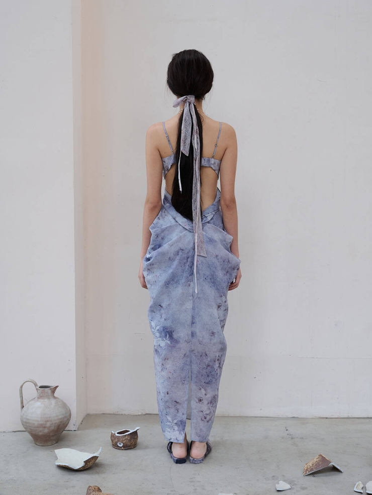 Blue Broken Porcelain Twilight Mountain Printed Textured Tulle Blue Hollow Out Dress