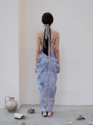 Blue Broken Porcelain Twilight Mountain Printed Textured Tulle Blue Hollow Out Dress