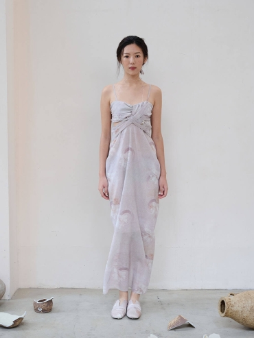 Pink Broken Porcelain Falling Flower Print Textured Tulle Pink Hollow Out Dress