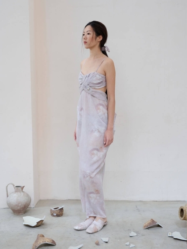 Pink Broken Porcelain Falling Flower Print Textured Tulle Pink Hollow Out Dress