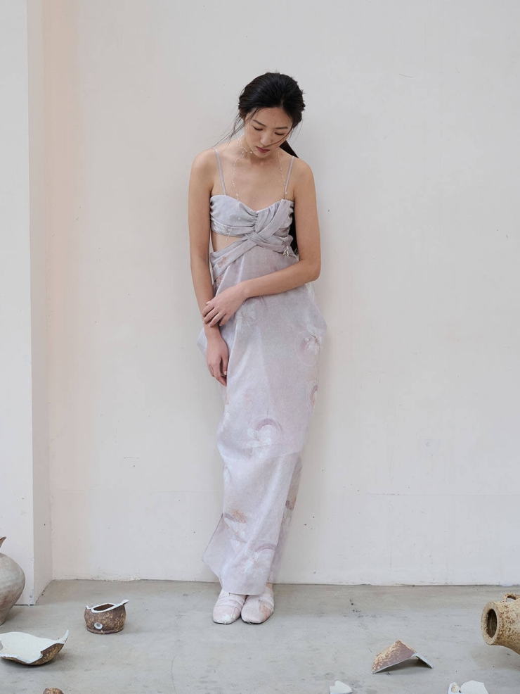 Pink Broken Porcelain Falling Flower Print Textured Tulle Pink Hollow Out Dress