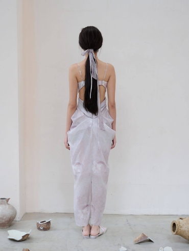 Pink Broken Porcelain Falling Flower Print Textured Tulle Pink Hollow Out Dress