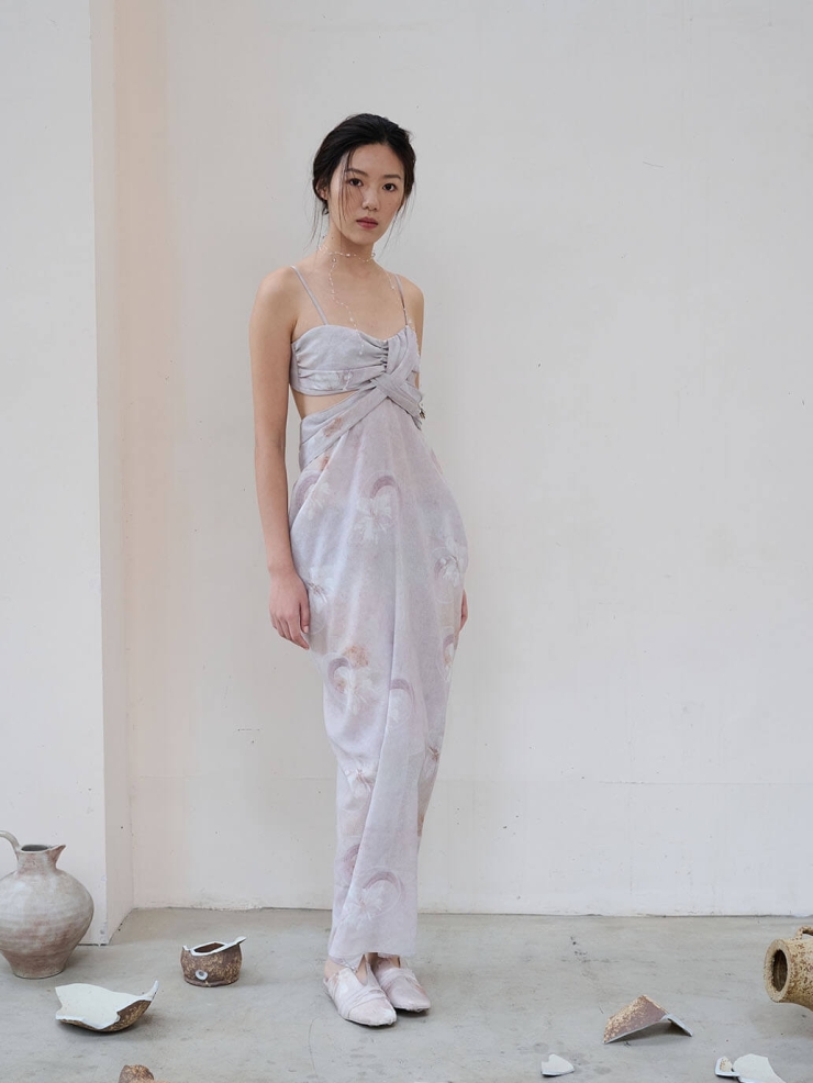 Pink Broken Porcelain Falling Flower Print Textured Tulle Pink Hollow Out Dress