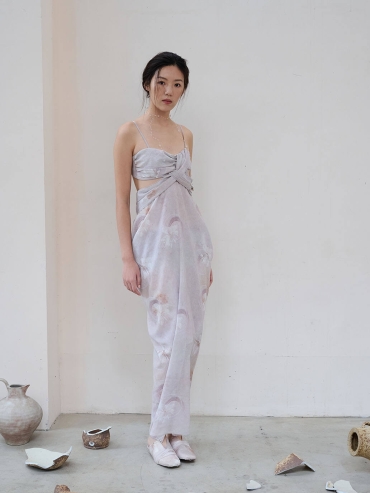 Pink Broken Porcelain Falling Flower Print Textured Tulle Pink Hollow Out Dress