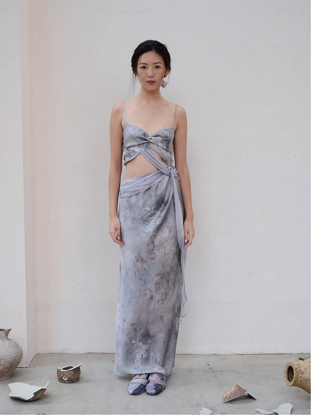 Blue Cracked Porcelain Twilight Mountain Print Acetate Cropped Blue Dress Vacation Dress