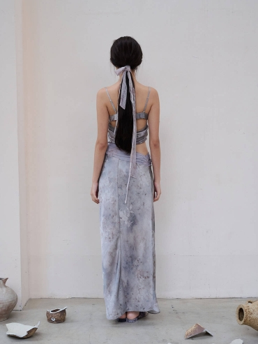 Blue Cracked Porcelain Twilight Mountain Print Acetate Cropped Blue Dress Vacation Dress