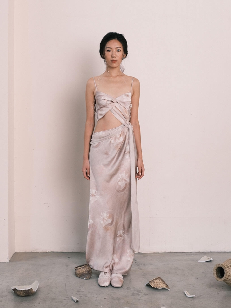 Pink Crushed Porcelain Falling Flower Print Acetate Cutout Pink Gown Resort Dress