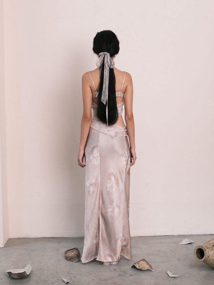 Pink Crushed Porcelain Falling Flower Print Acetate Cutout Pink Gown Resort Dress