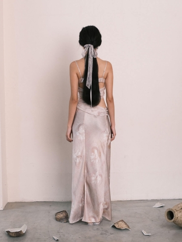 Pink Crushed Porcelain Falling Flower Print Acetate Cutout Pink Gown Resort Dress