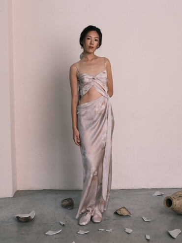 Pink Crushed Porcelain Falling Flower Print Acetate Cutout Pink Gown Resort Dress