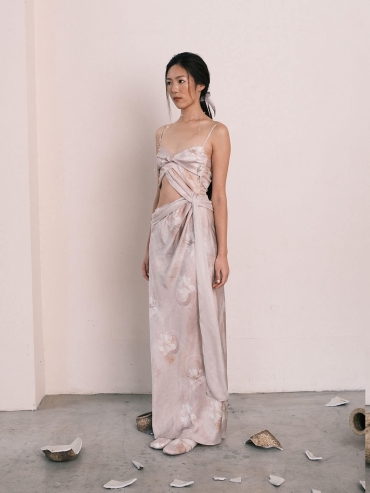 Pink Crushed Porcelain Falling Flower Print Acetate Cutout Pink Gown Resort Dress