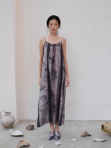 Gray Leaves Become Butterflies Printed Textured Acetate Bandeau Dress