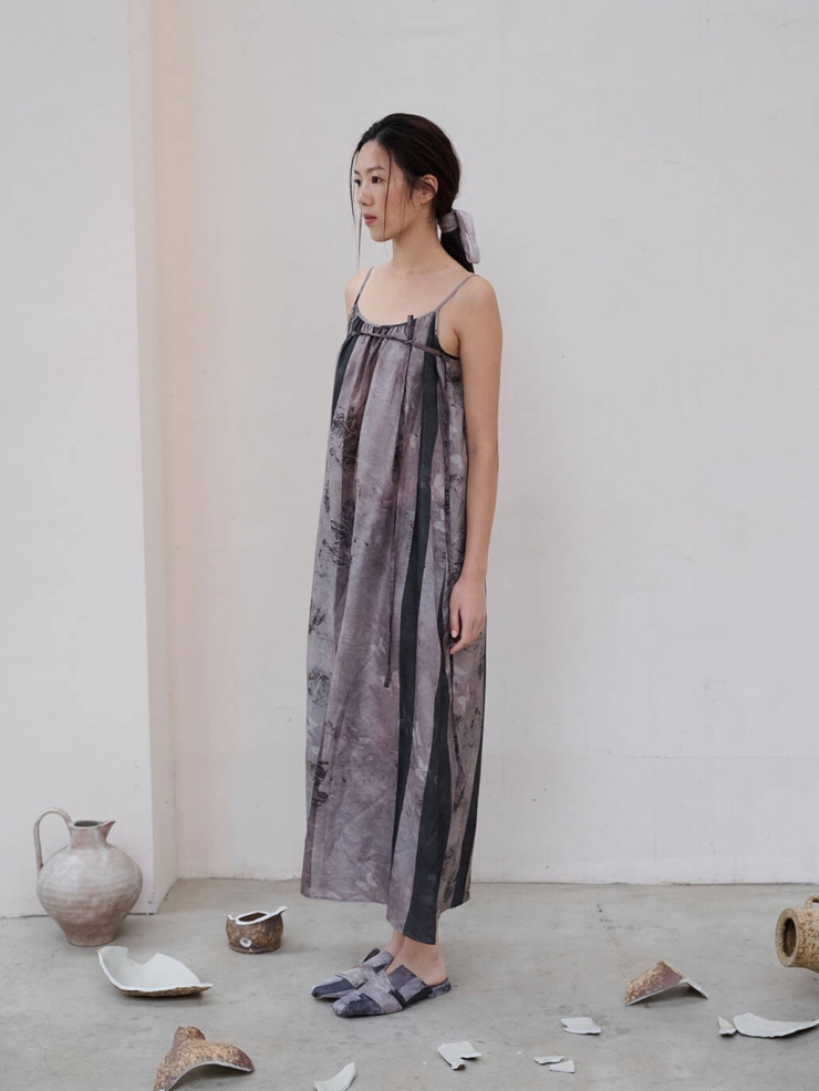 Gray Leaves Become Butterflies Printed Textured Acetate Bandeau Dress