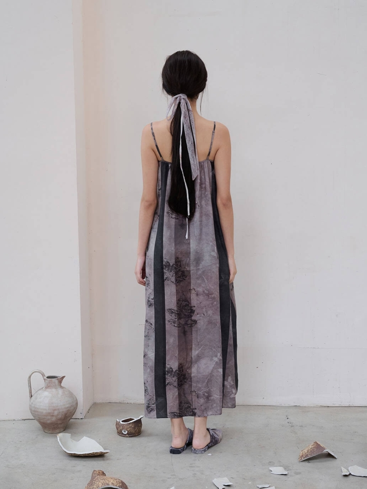 Gray Leaves Become Butterflies Printed Textured Acetate Bandeau Dress