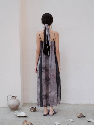 Gray Leaves Become Butterflies Printed Textured Acetate Bandeau Dress