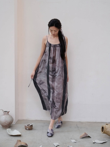 Gray Leaves Become Butterflies Printed Textured Acetate Bandeau Dress