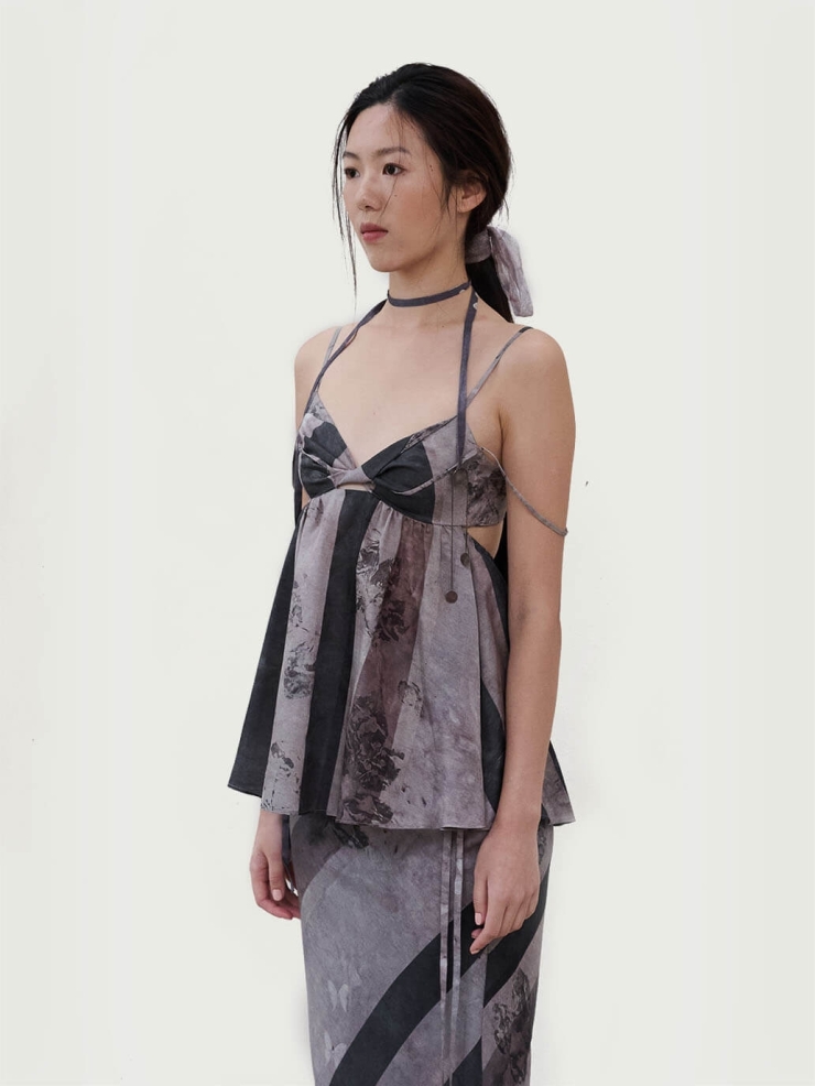 Grey Butterfly Print Acetate Buttonknot Halter Backless Top