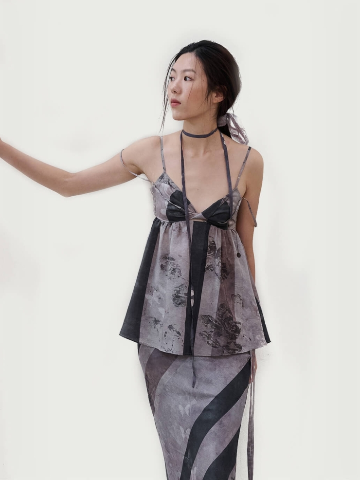 Grey Butterfly Print Acetate Buttonknot Halter Backless Top