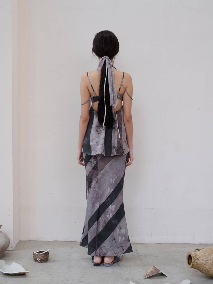 Grey Butterfly Print Acetate Buttonknot Halter Backless Top