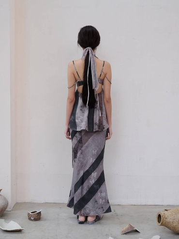 Grey Butterfly Print Acetate Buttonknot Halter Backless Top