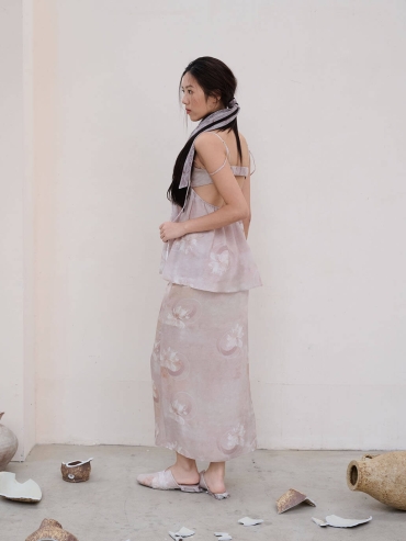 Pink Crushed Porcelain Flower Print Acetate Button Down Pink Halter Backless Top