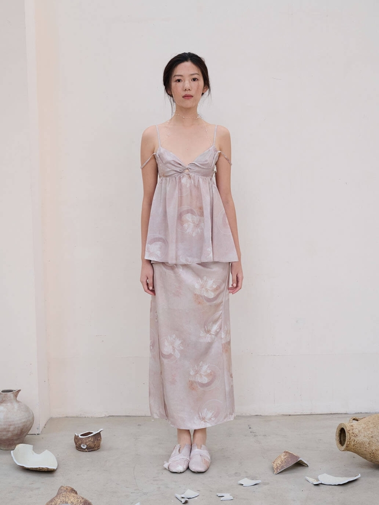 Pink Crushed Porcelain Flower Print Acetate Button Down Pink Halter Backless Top