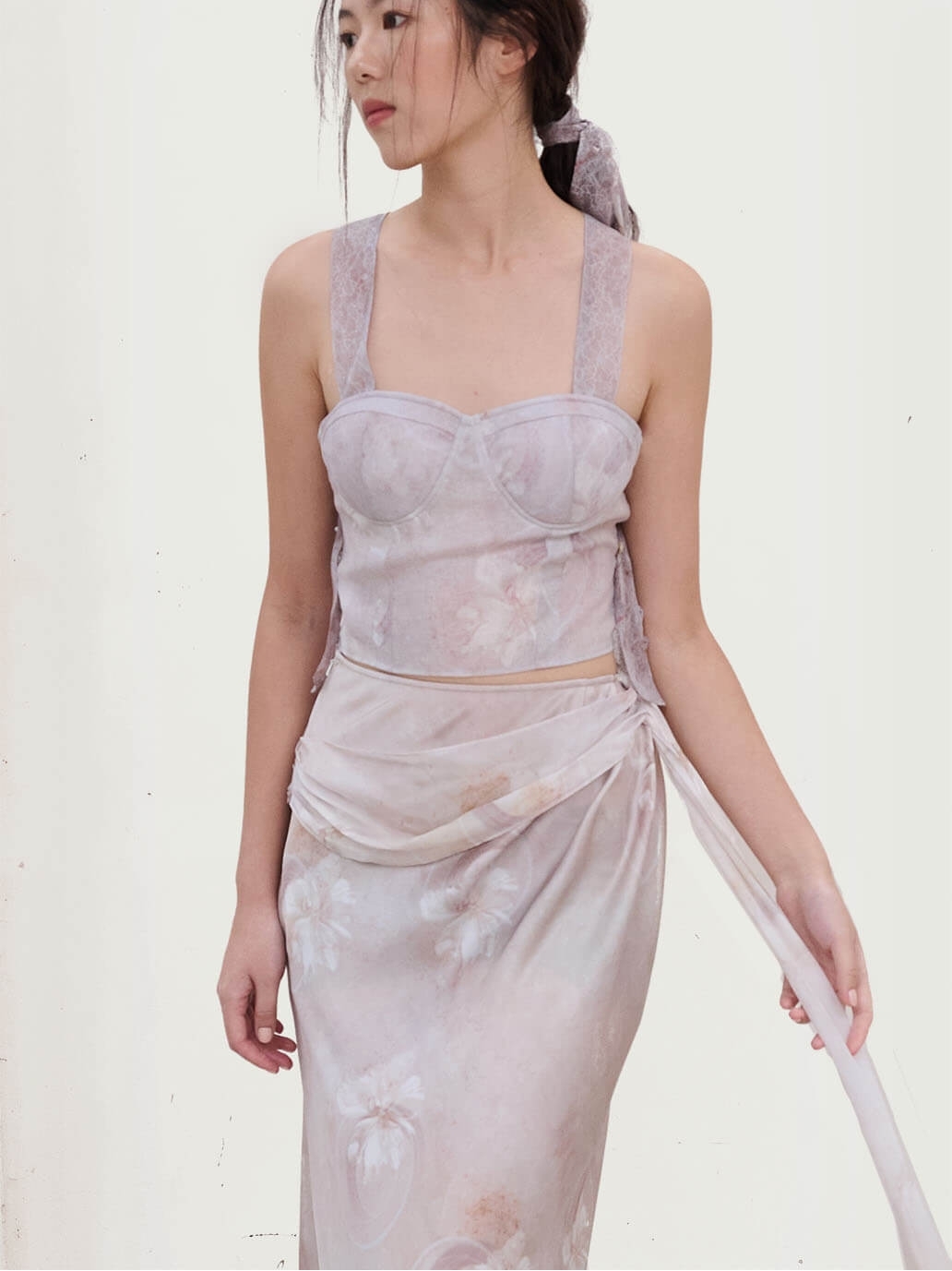 Pink Broken Porcelain Flower Print Textured Tulle LaceUp Pink Top