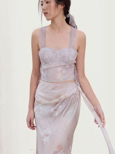 Pink Broken Porcelain Flower Print Textured Tulle LaceUp Pink Top