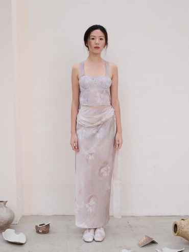 Pink Broken Porcelain Flower Print Textured Tulle LaceUp Pink Top