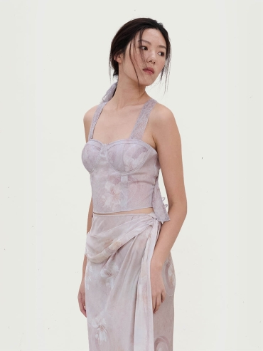 Pink Broken Porcelain Flower Print Textured Tulle LaceUp Pink Top