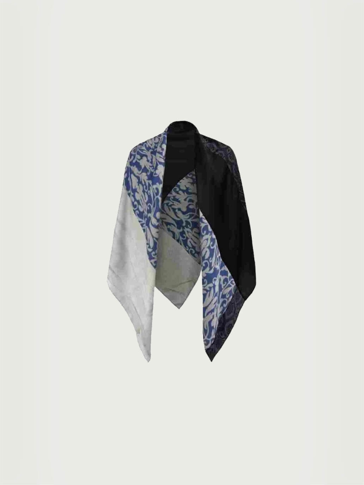 Black&White Ethnic&Vintage Print Pattern Panelled Silk Scarf