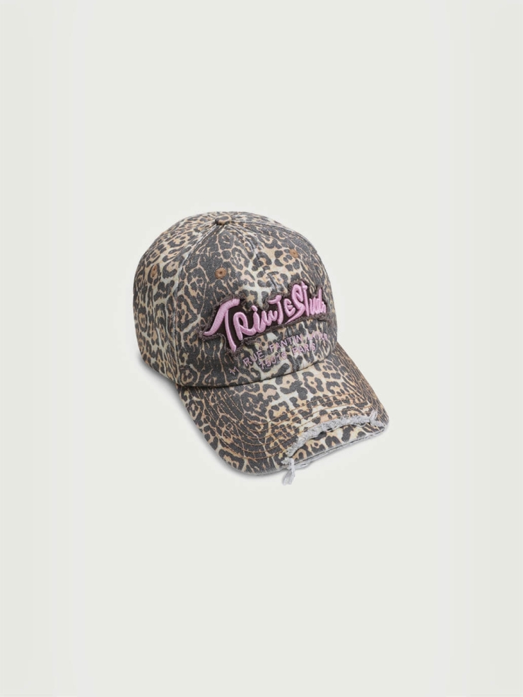 Brown Leopard Print Distressed Washed Embroidered Baseball Cap