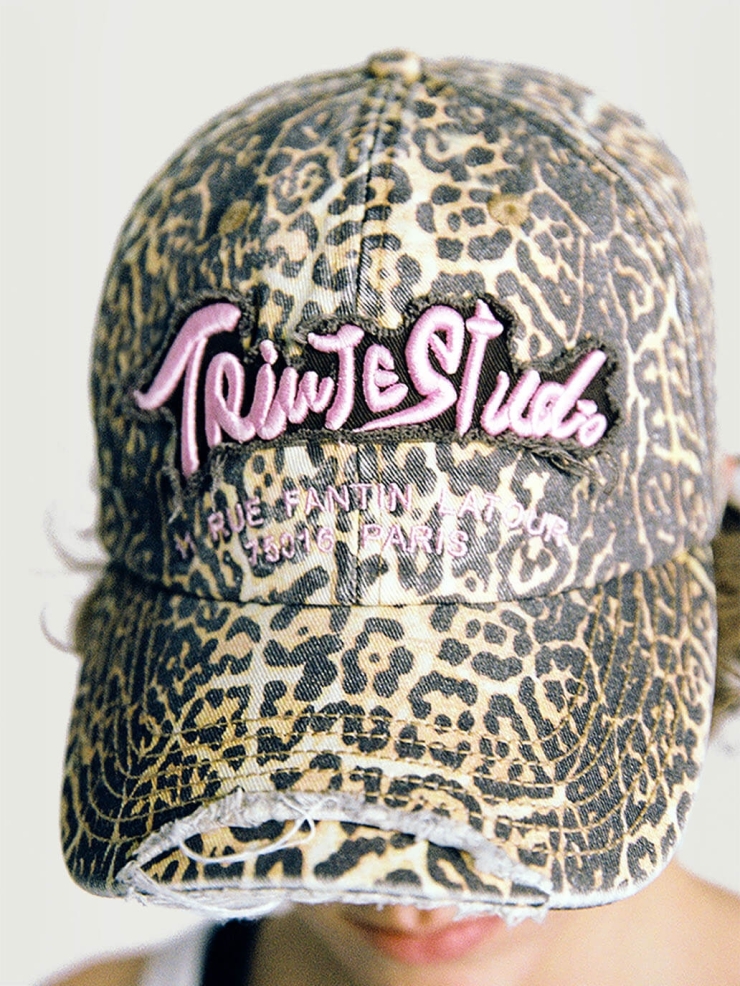 Brown Leopard Print Distressed Washed Embroidered Baseball Cap