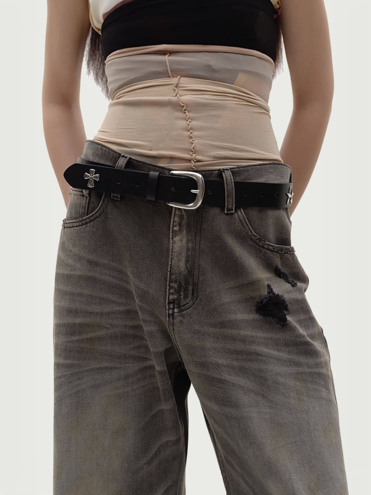 Black Portrait Embossed Calfskin Belt