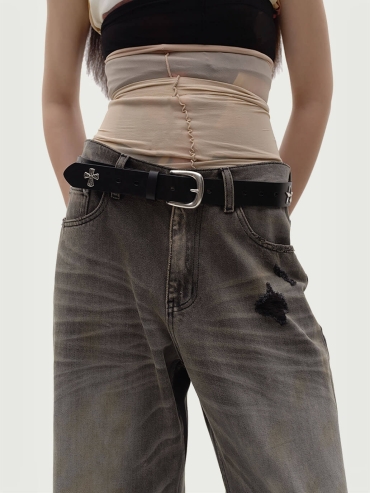 Black Portrait Embossed Calfskin Belt