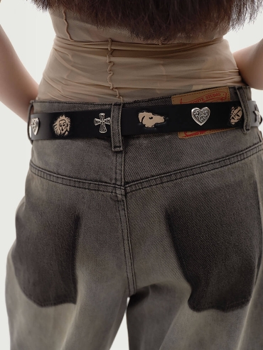 Black Portrait Embossed Calfskin Belt