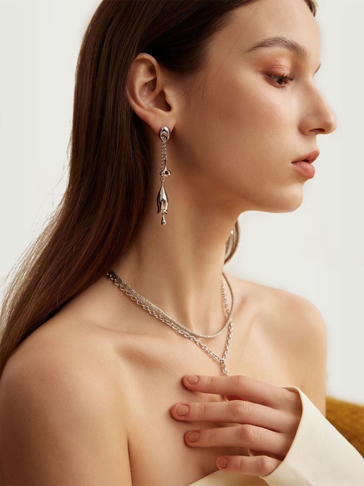 Silver Long Chain Bell Earrings