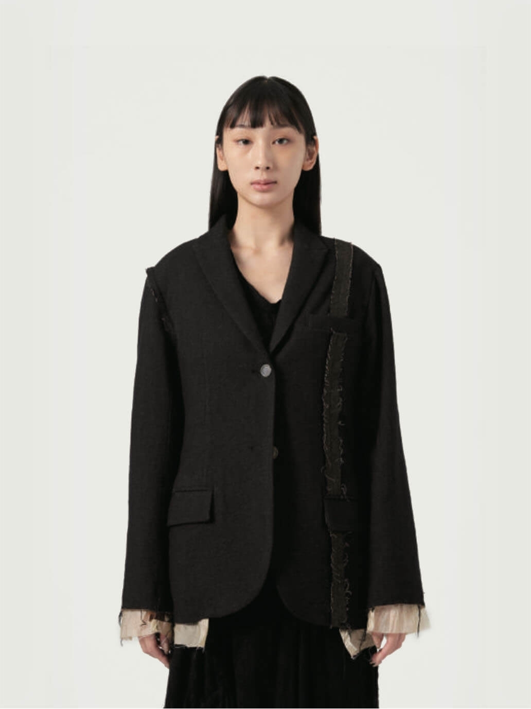 Black Raw Edge Patch-work Woolen Blazer