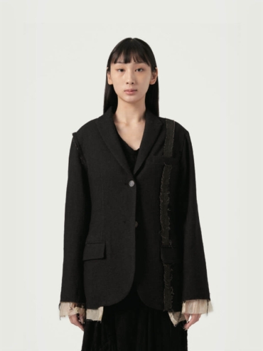 Black Raw Edge Patch-work Woolen Blazer