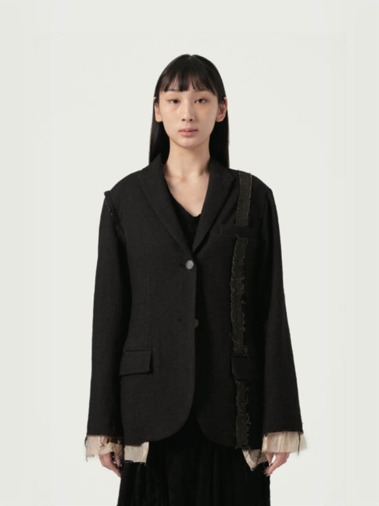Black Raw Edge Patch-work Woolen Blazer
