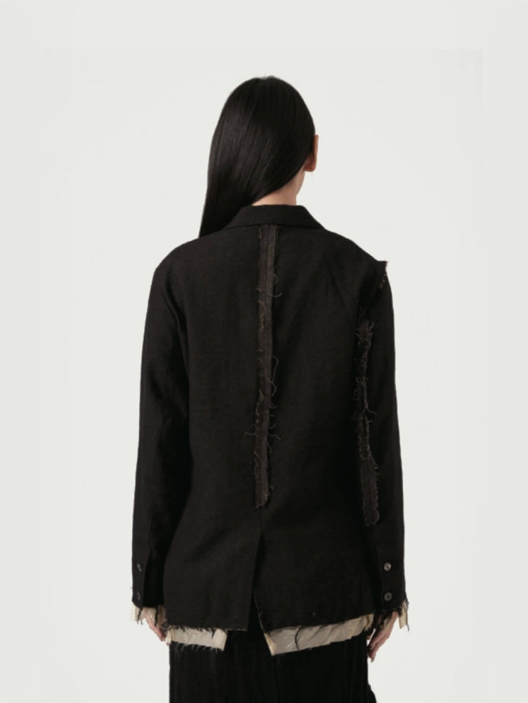 Black Raw Edge Patch-work Woolen Blazer