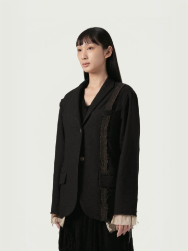 Black Raw Edge Patch-work Woolen Blazer