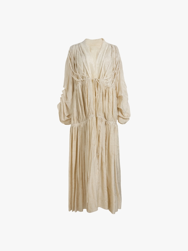 ELYWOOD Beige V-Neck Pleated Dress