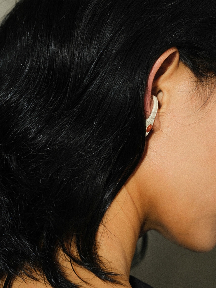 Silver and red spike amber earcuff-  small