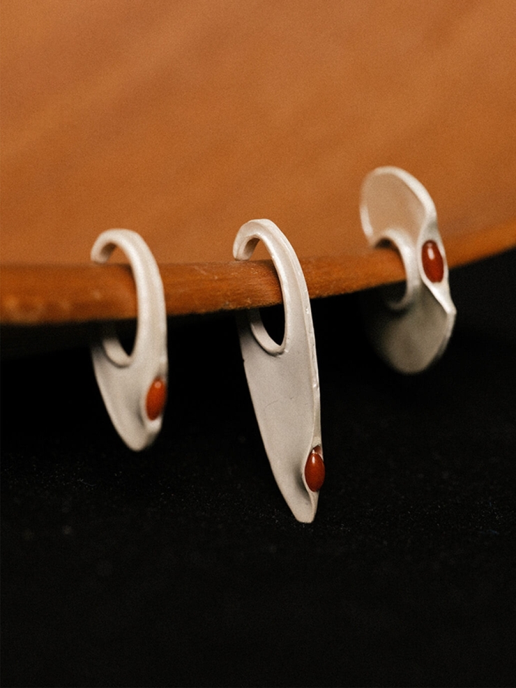 Silver and red spike amber earcuff-  small