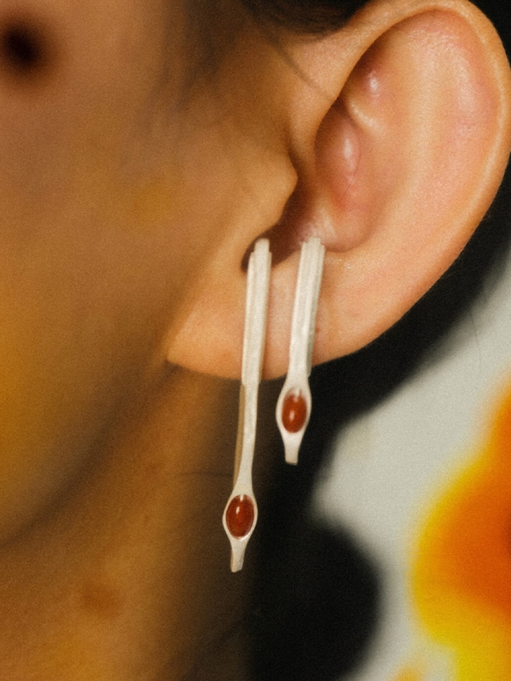 Silver and red spike amber earcuff-  small