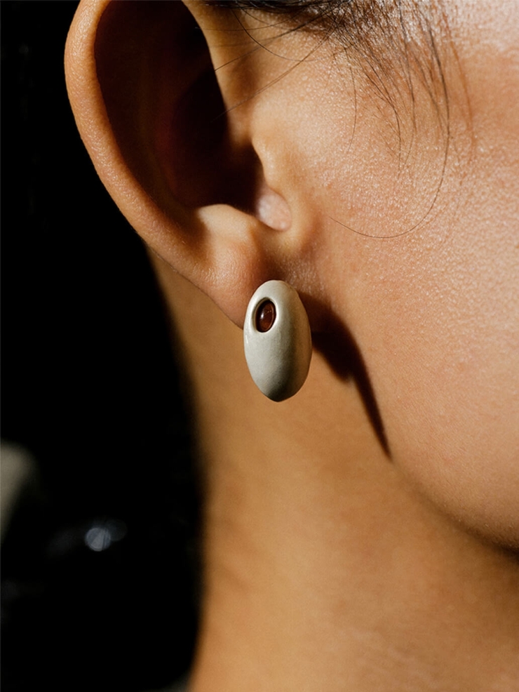 Silver and red dome amber earrings - small