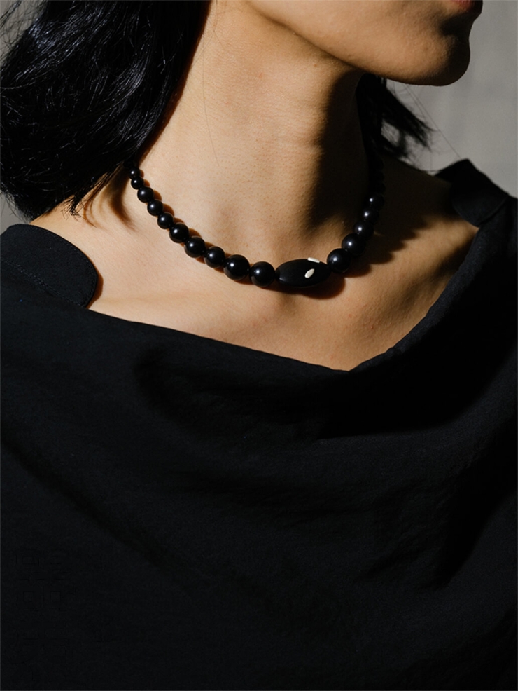 Silver and black ebony grain, beaded choker